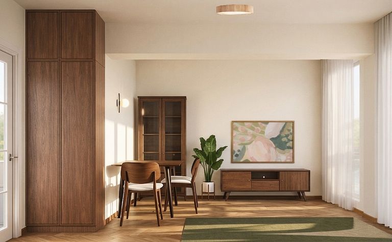 Eklektyczne wnętrze jadalni z rustykalnymi akcentami, minimalistycznym oświetleniem i vintage meblami.