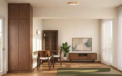 Eklektyczne wnętrze jadalni z rustykalnymi akcentami, minimalistycznym oświetleniem i vintage meblami.