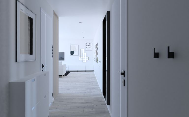 Przedpokój w stylu industrialnym, minimalistycznym i współczesnym z białymi drzwiami.