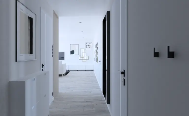Przedpokój w stylu industrialnym, minimalistycznym i współczesnym z białymi drzwiami.