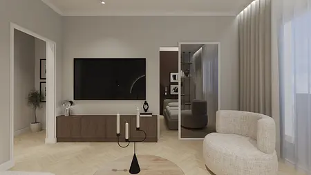 Wnętrze salonu w stylu soft minimalizm z drewnianymi meblami i szarymi dodatkami.