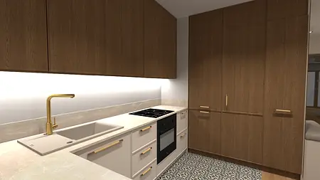 Wnętrze kuchni z drewnianymi szafkami, jasnym blatem i nowoczesnym wyposażeniem.