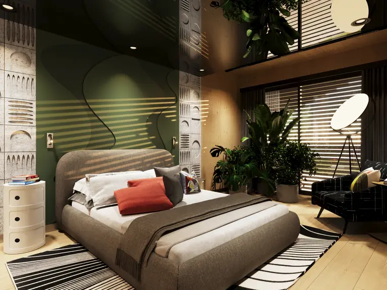 Sypialnia w stylu dopamine decor z roślinami, nowoczesnymi meblami i eklektycznymi dodatkami.