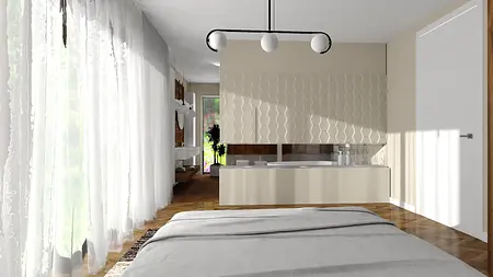 Nowoczesna łazienka z jasnymi meblami i dużym oknem, styl projektowy nowoczesny.