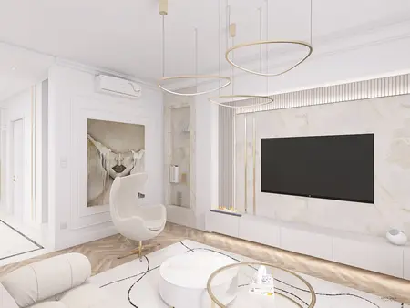 Wnętrze salonu w stylu minimaluxe z białymi meblami, nowoczesnym oświetleniem i złotymi detalami.