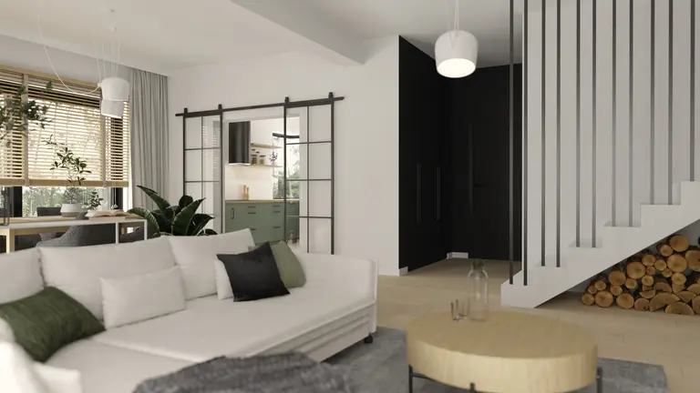 Wnętrze nowoczesnego salonu z zieloną kuchnią i drewnianymi detalami.