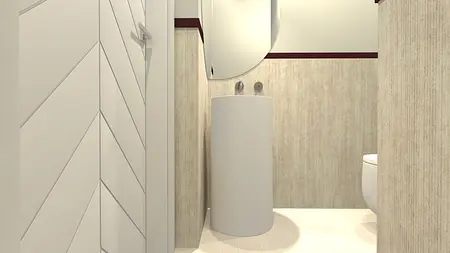 Mała łazienka z białą umywalką i beżowymi ścianami w stylu eklektycznym.