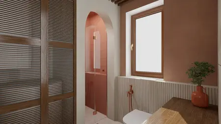 Wnętrze łazienki z brązowymi ścianami, przeszkloną kabiną prysznicową i drewnianymi detalami.