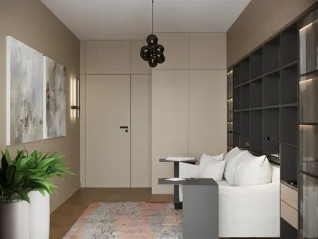 Minimalistyczne wnętrze z jasnymi meblami i ciemnymi detalami.