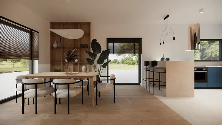Wnętrze jadalni w minimalistycznym stylu soft minimalizm z drewnianym stołem i rośliną