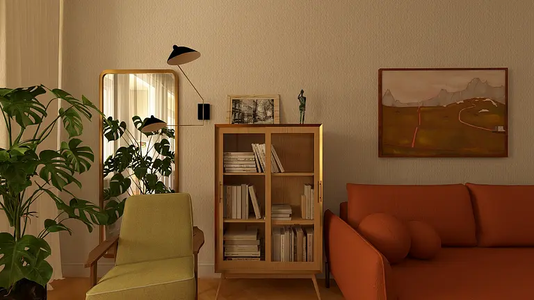 Wnętrze z pomarańczową sofą, drewnianą biblioteczką i roślinami w stylu vintage.