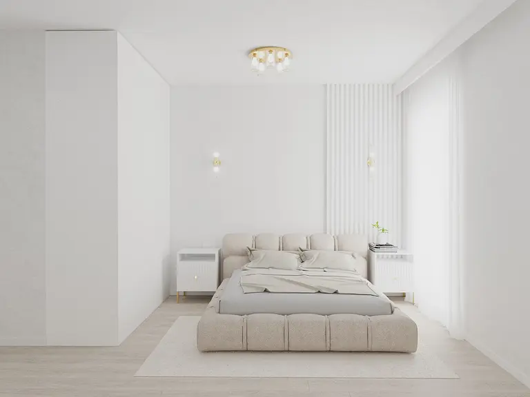 Minimalistyczna sypialnia z beżowym łóżkiem i białymi ścianami, nowoczesne oświetlenie.