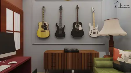 Wnętrze z gitarami na ścianie i nowoczesnym stolikiem w minimalistycznym stylu.