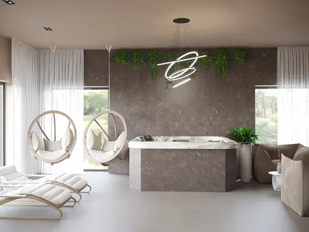 Nowoczesne wnętrze z huśtawkami i roślinami w stylu minimalistycznym i quiet luxury.