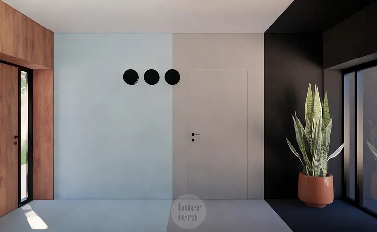 Eklektyczny przedpokój z drewnianymi ścianami, minimalistycznymi detalami i rośliną.