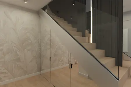Przedpokój z drewnianymi schodami i szklanymi detalami, styl glamour.