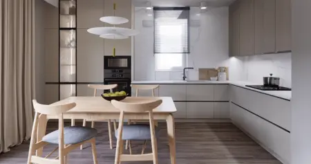 Wnętrze kuchni z minimalistycznym designem, białymi meblami i drewnianym blatem.