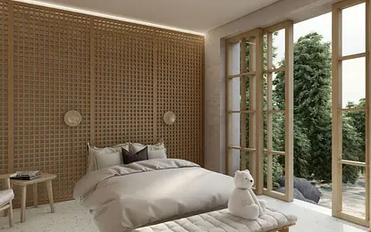 Wnętrze sypialni w stylu japandi i minimalistycznym z drewnianymi elementami.