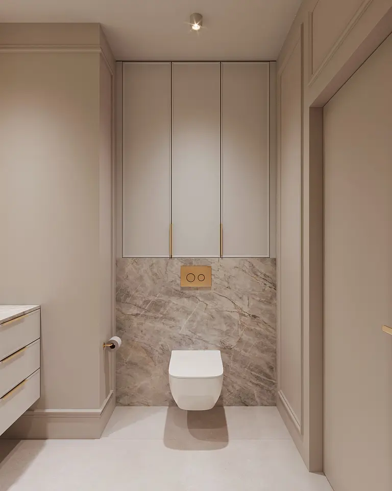 Elegancka łazienka w stylu minimaluxe z nowoczesnymi detalami.
