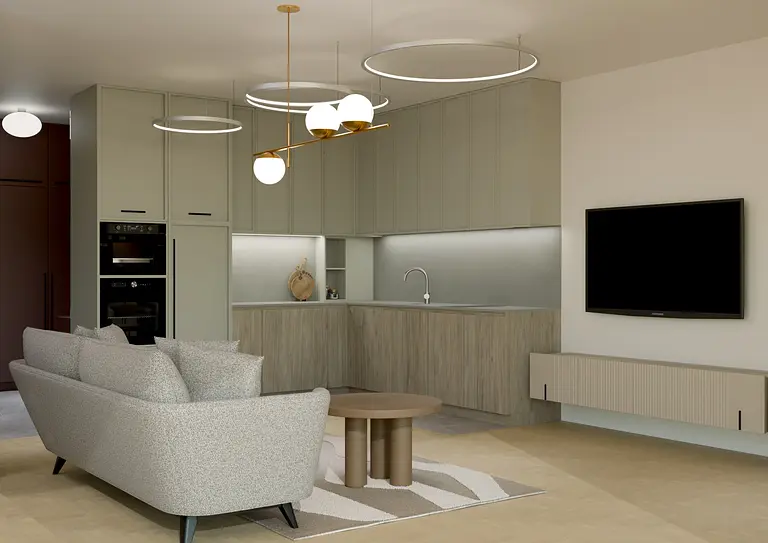 Wnętrze nowoczesnej kuchni z szarymi meblami i skandynawskim designem.