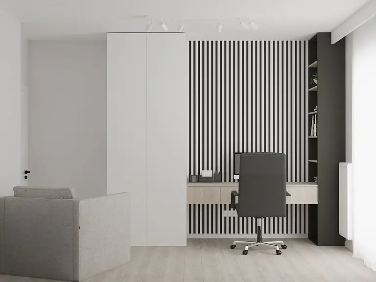 Wnętrze biura z minimalistycznym designem, nowoczesne meble, współczesne akcenty.