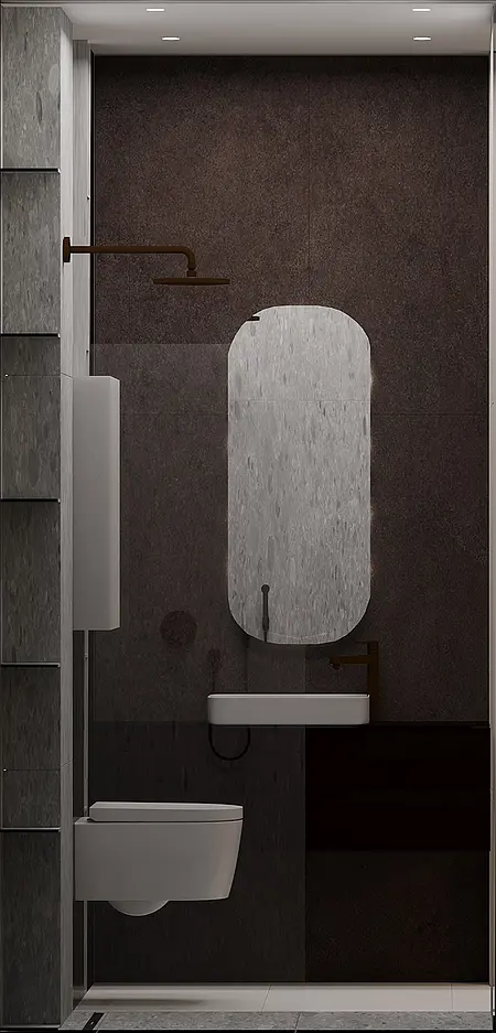 Nowoczesna łazienka z brązowymi i szarymi elementami, minimalistyczny design.