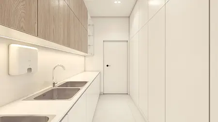 Wnętrze pomieszczenia z białymi i drewnianymi meblami, minimalistyczny design