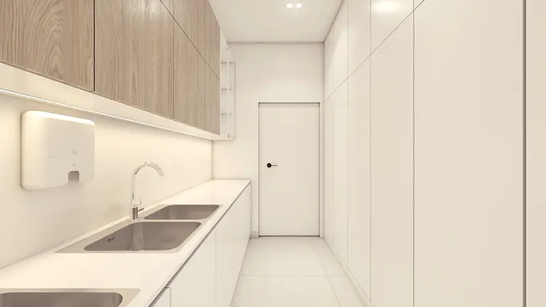 Wnętrze pomieszczenia z białymi i drewnianymi meblami, minimalistyczny design