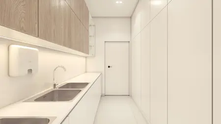 Wnętrze pomieszczenia z białymi i drewnianymi meblami, minimalistyczny design
