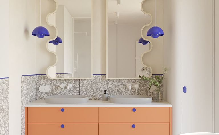 Wnętrze łazienki z pomarańczowymi meblami i niebieskimi lampami, styl art deco i minimalistyczny.