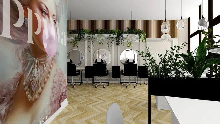 Salon fryzjerski z roślinami oraz nowoczesnymi lustrami.