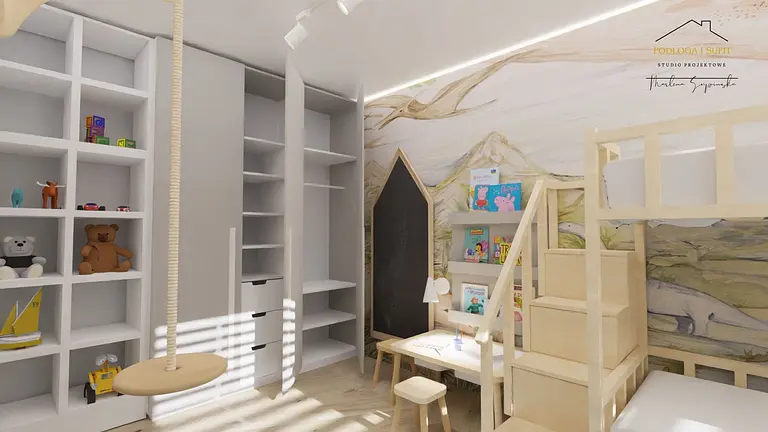 Pokój dla dzieci z drewnianymi mebelkami, półkami i zabawkami w stylu minimalistycznym.