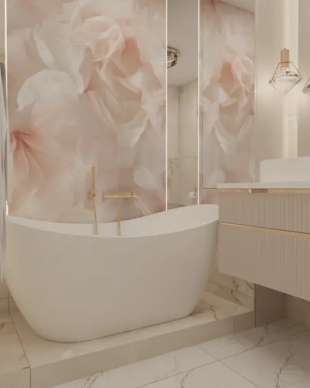 Nowoczesna łazienka z wanną, złotymi detalami i kwiatowym tłem w stylu glamour.