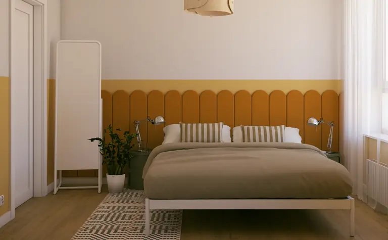 Sypialnia w stylu eklektycznym, skandynawskim i vintage z beżowym łóżkiem i brązowymi detalami.