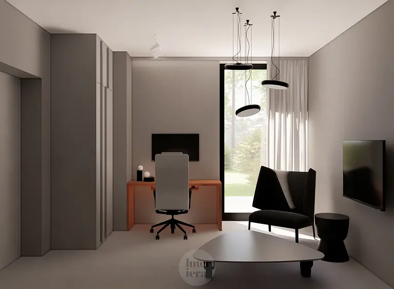 Eklektyczny gabinet z minimalistycznym biurkiem i nowoczesnym oświetleniem.