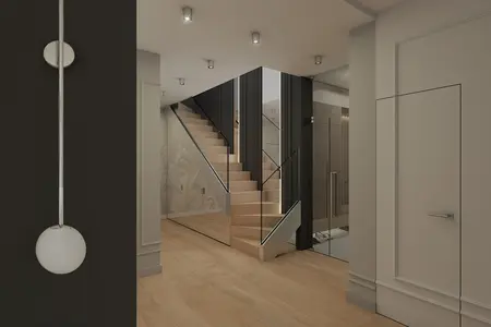 Przedpokój z nowoczesnymi schodami i eleganckimi detalami glamour.
