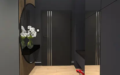 Przedpokój w stylu industrialnym z szarymi ścianami, drewnianą podłogą i nowoczesnym lustrem.