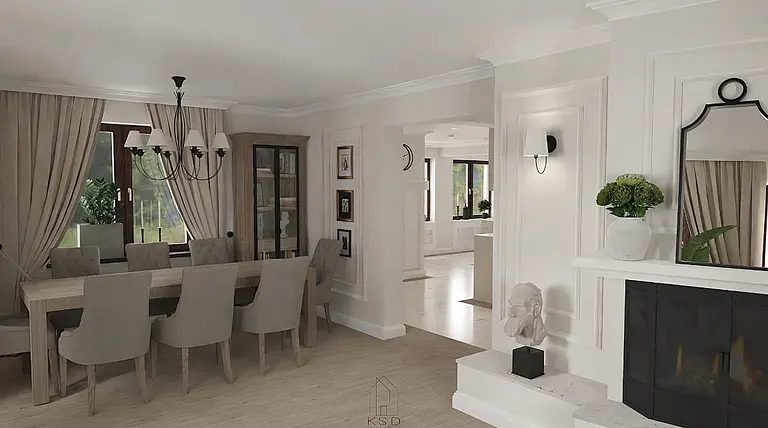 Wnętrze jadalni z drewnianym stołem, szarymi krzesłami i eleganckimi dodatkami w stylu quiet luxury.