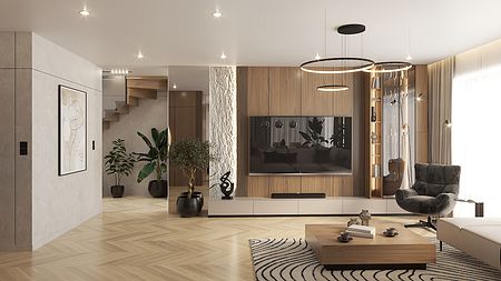 Wnętrze salonu z drewnianymi meblami, roślinami i nowoczesnym telewizorem