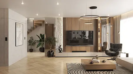 Wnętrze salonu z drewnianymi meblami, roślinami i nowoczesnym telewizorem