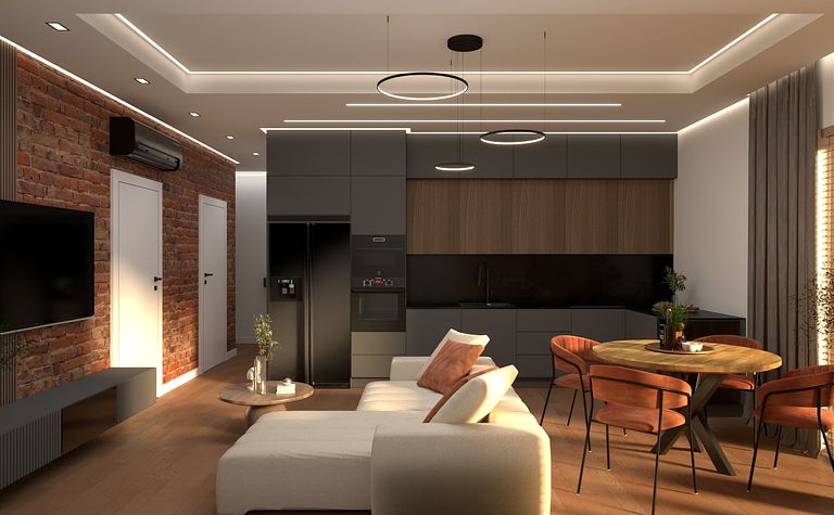 Wnętrze kuchni z ciemnymi meblami i drewnianym blatem, nowoczesny design.
