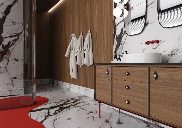 Stylowa łazienka z marmurowymi ścianami, drewnianą szafką i akcentami w kolorze czerwonym, dopamine decor, eklektyczny, glamour.