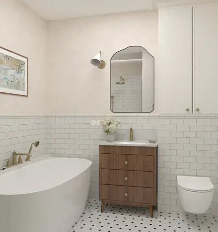 Wnętrze łazienki w stylu art deco, minimalistycznym i tradycyjnym z białą wanną i drewnianymi akcentami.