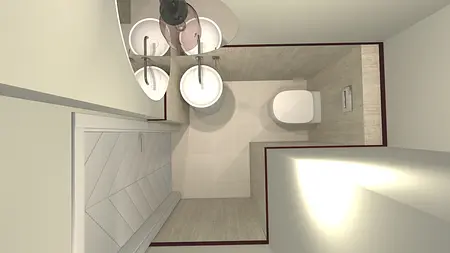 Wnętrze łazienki z białą ceramiką i eklektycznymi detalami