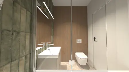 Współczesna łazienka z drewnianymi elementami, umywalką i toaletą.