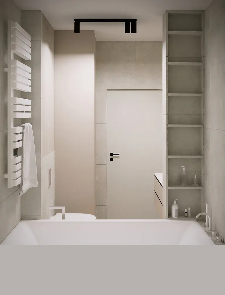 Nowoczesna łazienka z białą wanną, szarymi płytkami, minimalistyczny design