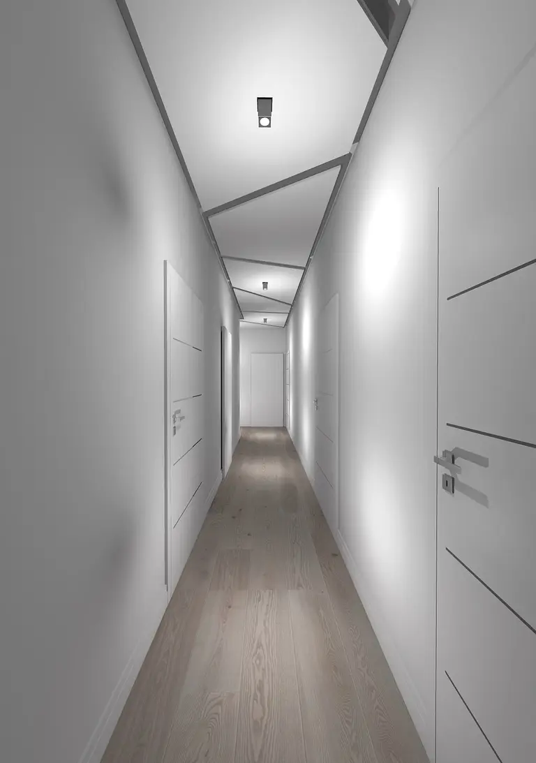 Korytarz w stylu dopamine decor i minimalistycznym z białymi ścianami i drewnianą podłogą.
