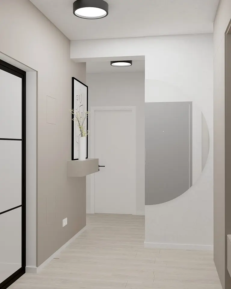 Przedpokój minimalistyczny z nowoczesnym oświetleniem, dużym lustrem i drewnianą podłogą.