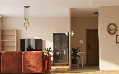 Wnętrze salonu w stylu art deco i boho z brązową sofą.