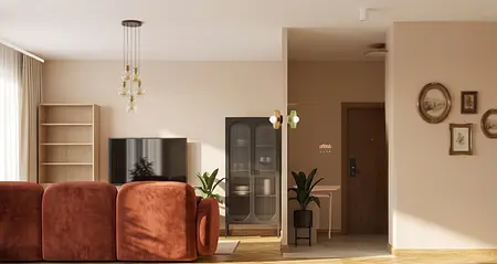 Wnętrze salonu w stylu art deco i boho z brązową sofą.
